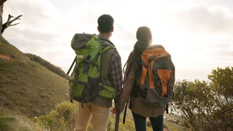 pareja, tomados de la mano y caminando para estar en forma