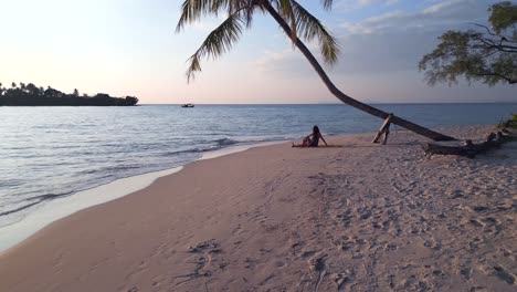 una chica de yoga se estira bajo una palmera en la playa de seacret