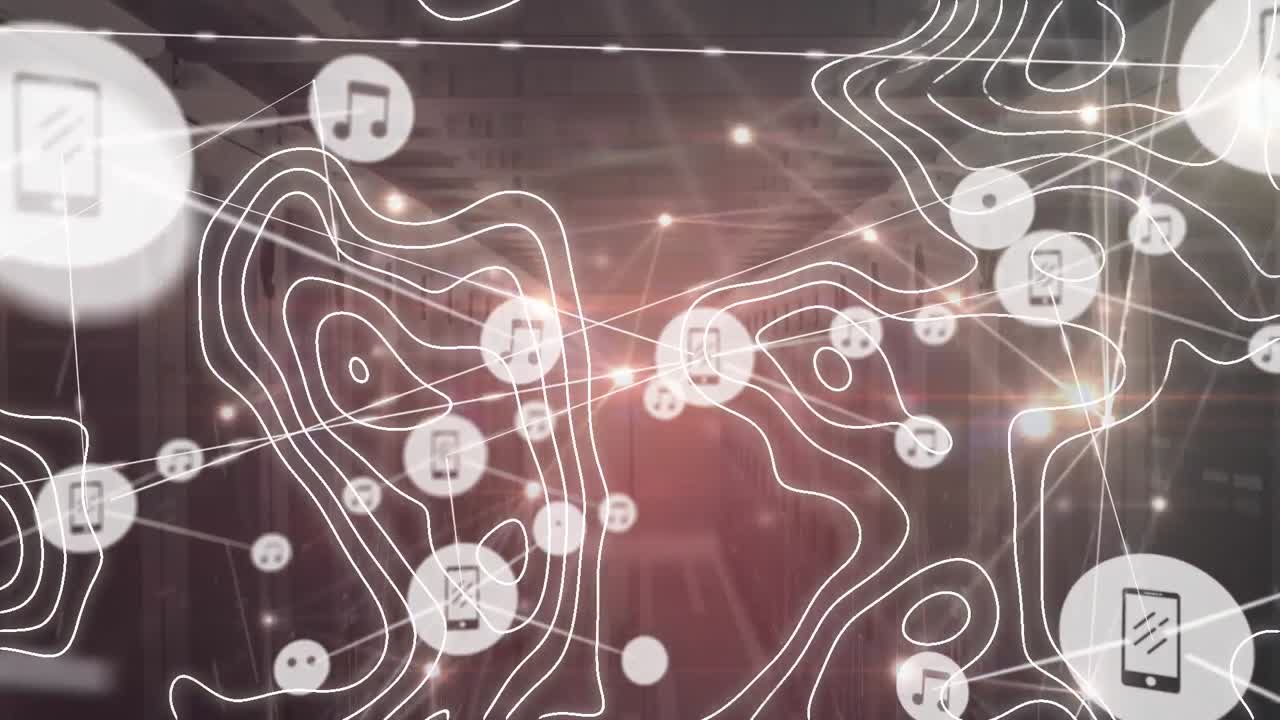 animación de la red de conexiones con iconos y formas sobre la sala del servidor