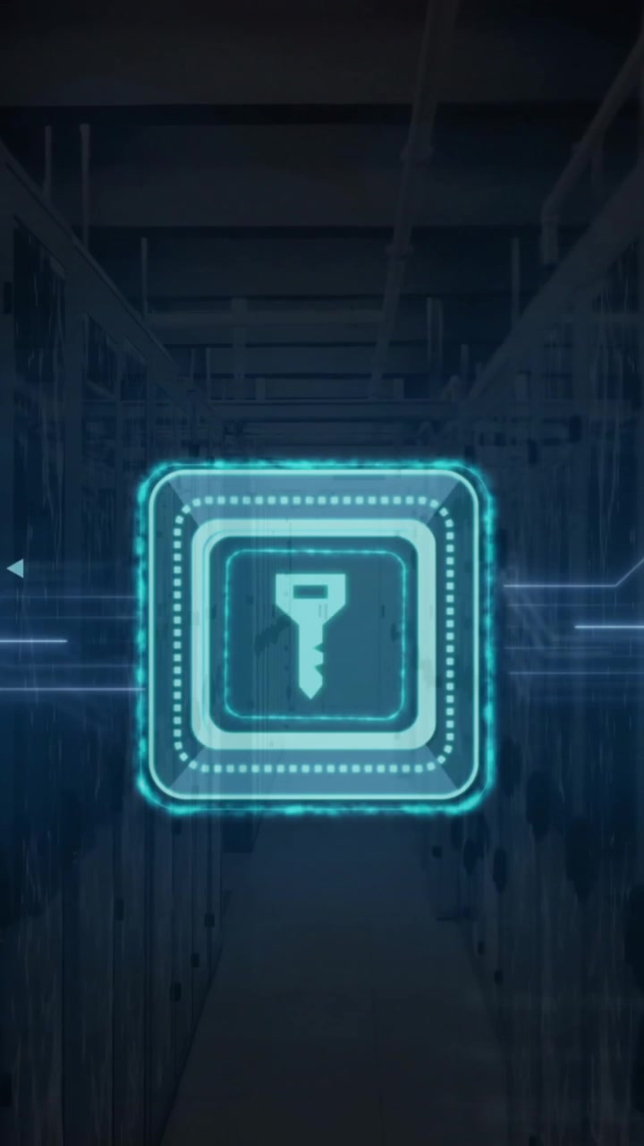 Animation of key icon over computer circuit board and data processing