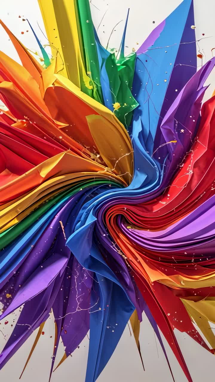 Vertical video: Starting abstract ribbon swirl twisting in white canvas, releasing paint droplets