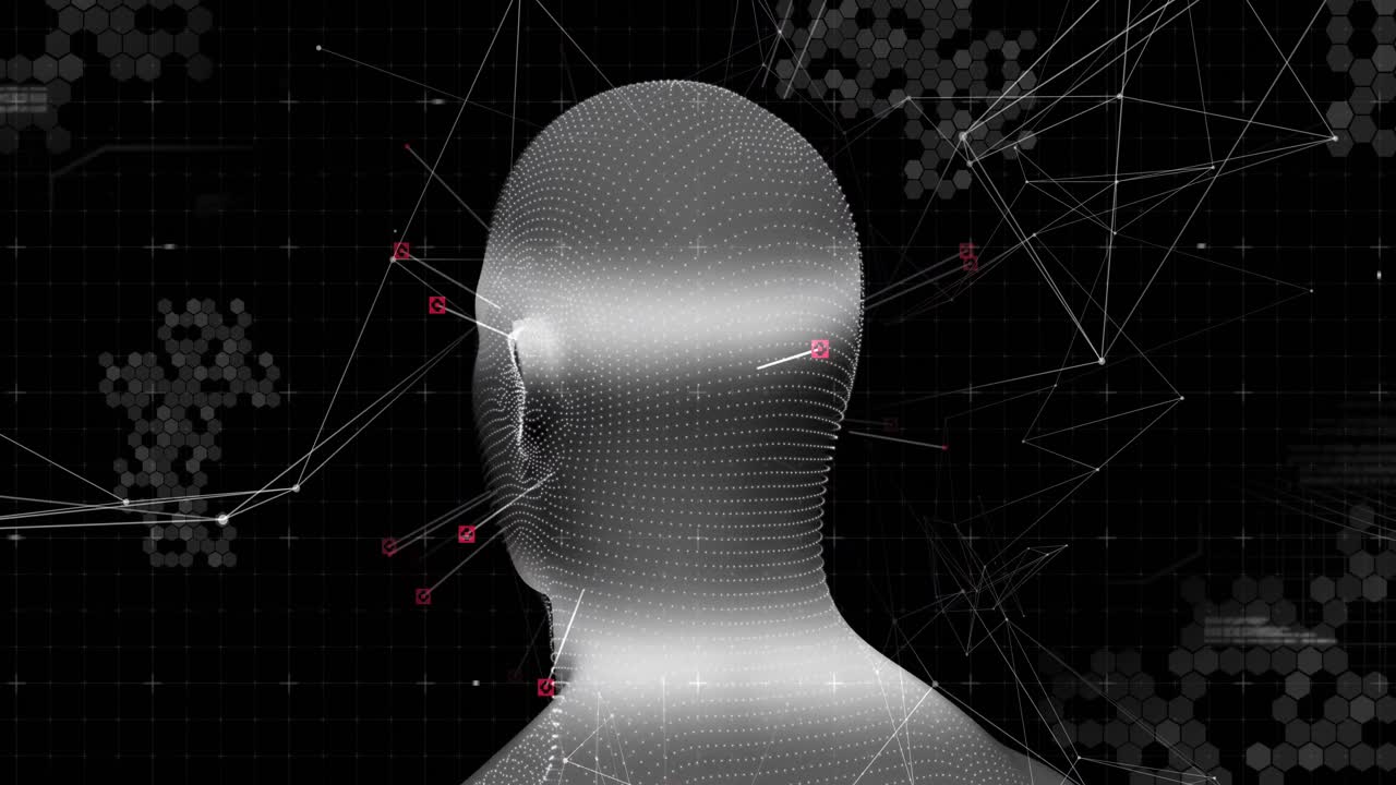 modelo de cabeza humana girando contra una red de conexiones sobre un fondo negro