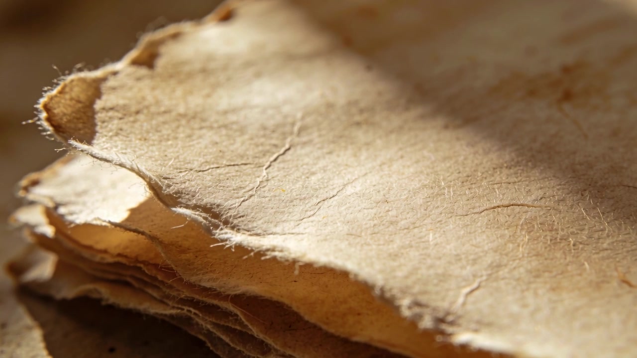 La calda luce del sole si sposta su una pila di carta invecchiata su un tavolo, rivelando bordi frastagliati e crepe.