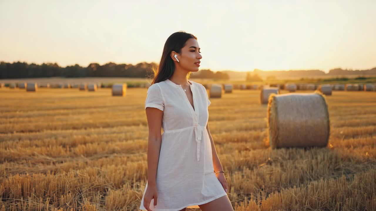 Woman in white dress walking through a field of hay bales at sunset