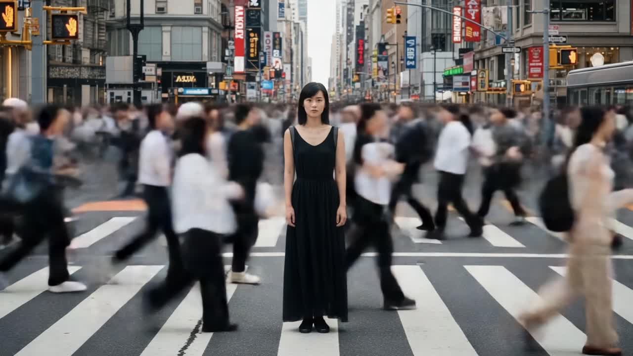 A solitary figure stands still in the midst of a bustling city crowd, representing contrast and solitude in the heart of urban life