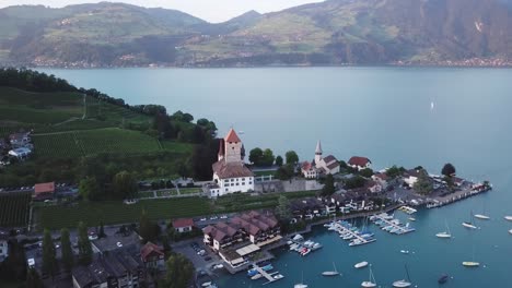 Schloss-Und-See-Spiez-Thunersee-Im-Berner-Oberland-Reverse-Drone-Flight