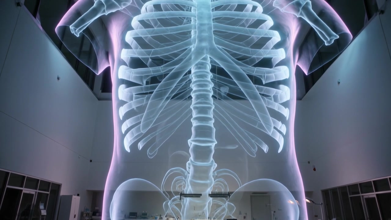 Activating ceiling projectors animating torso skeleton rising in gallery for demo at central desk