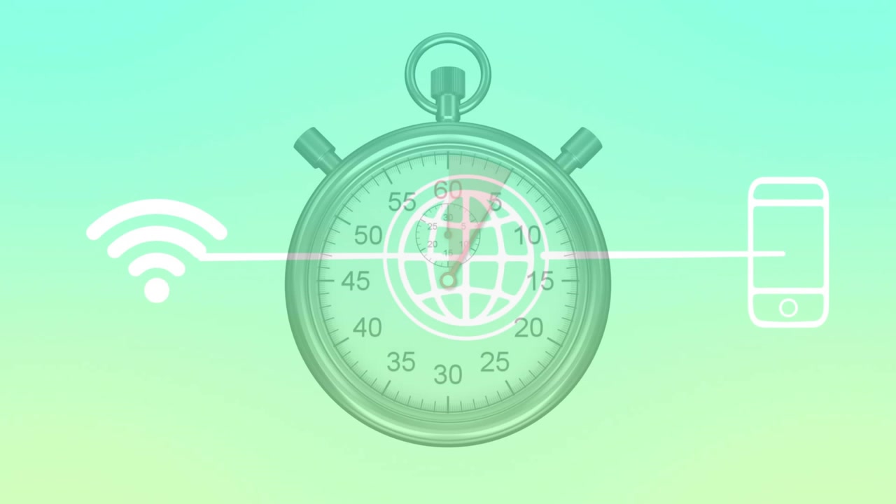 Stopwatch second hand advancing clockwise each second on animation start, showing Wi-Fi-phone sync