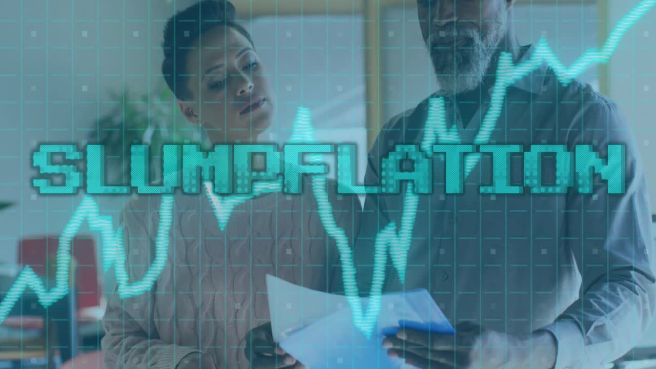 Animation of slumpfation and financial data processing over diverse business people