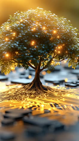 tree sprouts from circuit board. a tree grows from a circuit board in warm sunlight, symbolizing the harmony of technology and nature.
