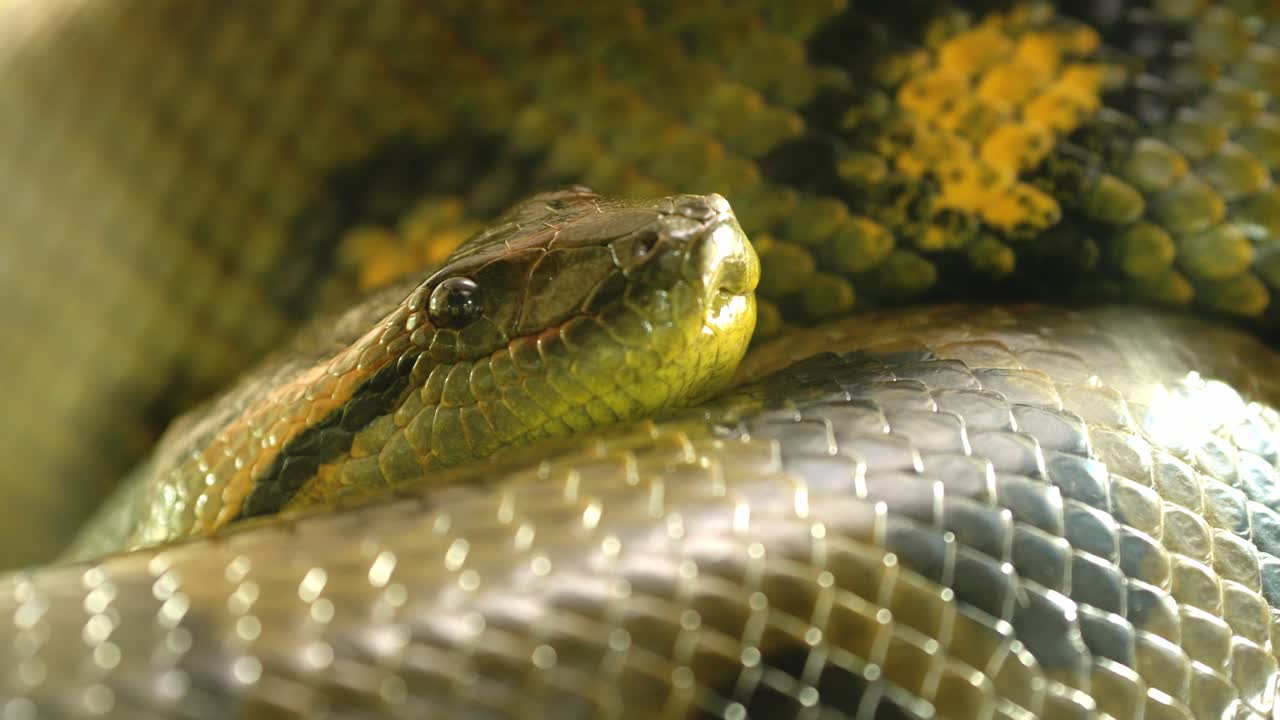 Green anaconda snake resting on its coils in the jungle