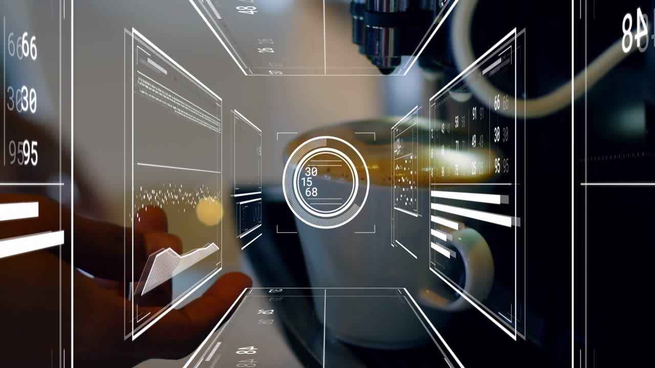 Female hand reaching, aligning white coffee cup under spout for brewing, tech HUD charts updating