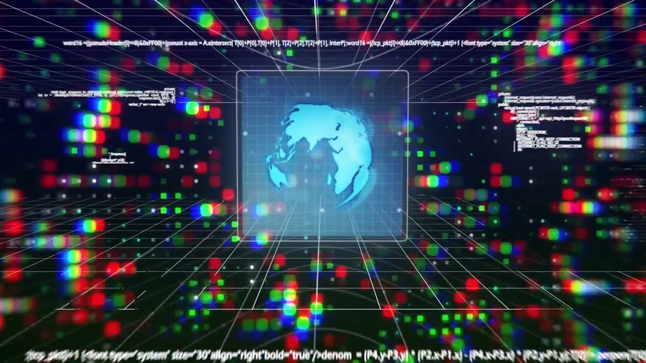 Concentric cyan HUD transforming into glowing orb as camera zooms, visualizing tech data core