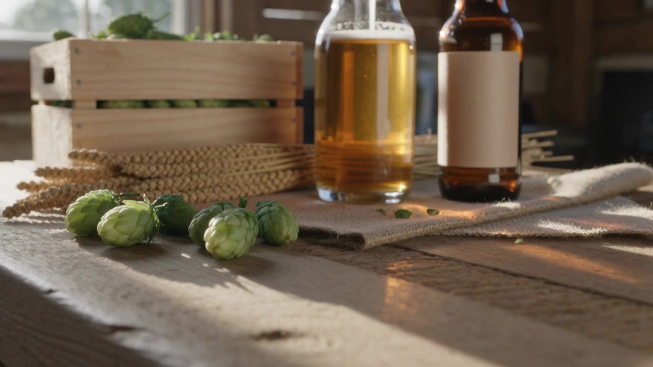 Cámara alejándose mostrando conos de lúpulo frescos sobre una mesa de madera cerca de una ventana, una garrafa y una botella.