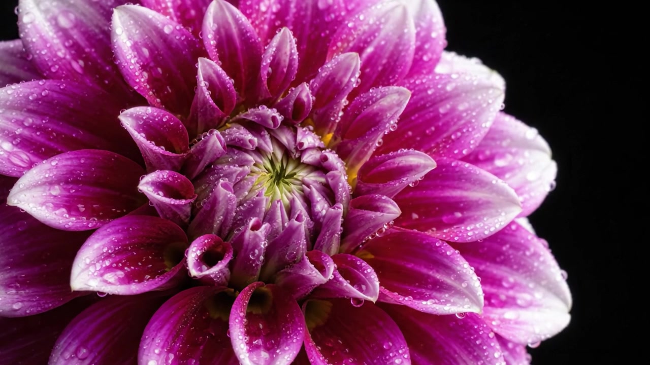 Macrofotografia Mozzafiato di un Fiore Rosa Vibrante con Goccioline d'Acqua Catturato su uno Sfondo Scuro, Mettendo in Mostra la Sua Intricata Disposizione dei Petali e la Bellezza Naturale