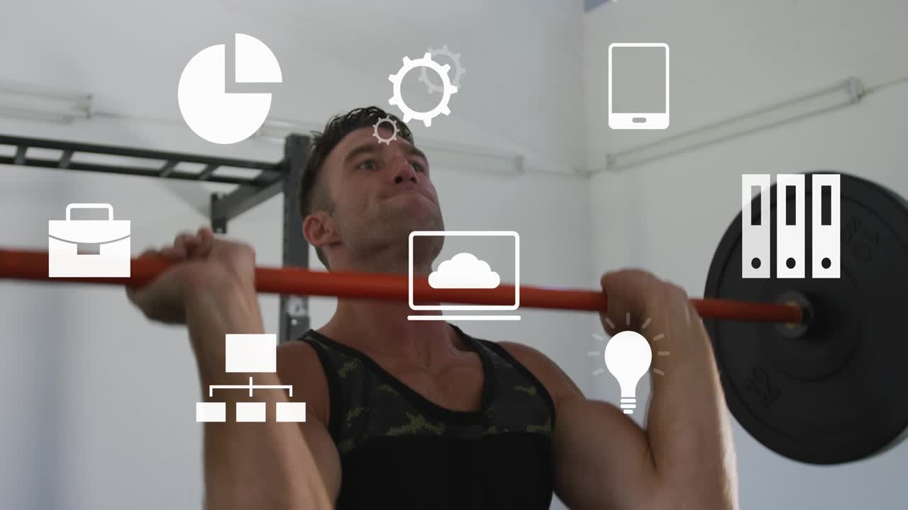 Man bracing core, pressing barbell to lockout, resetting in gym, UI overlay icons tracking strength