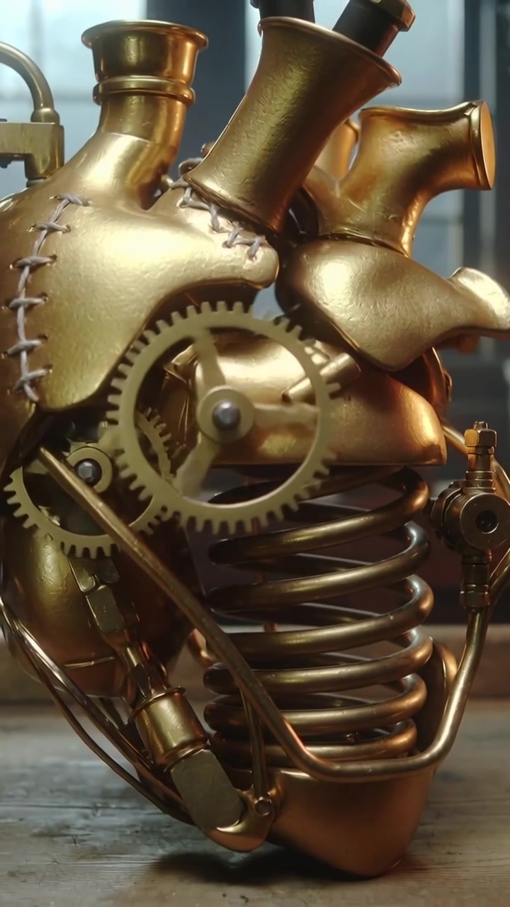 Vertical video: Pulling back camera revealing gold heart on bench, gear rotating showing detail