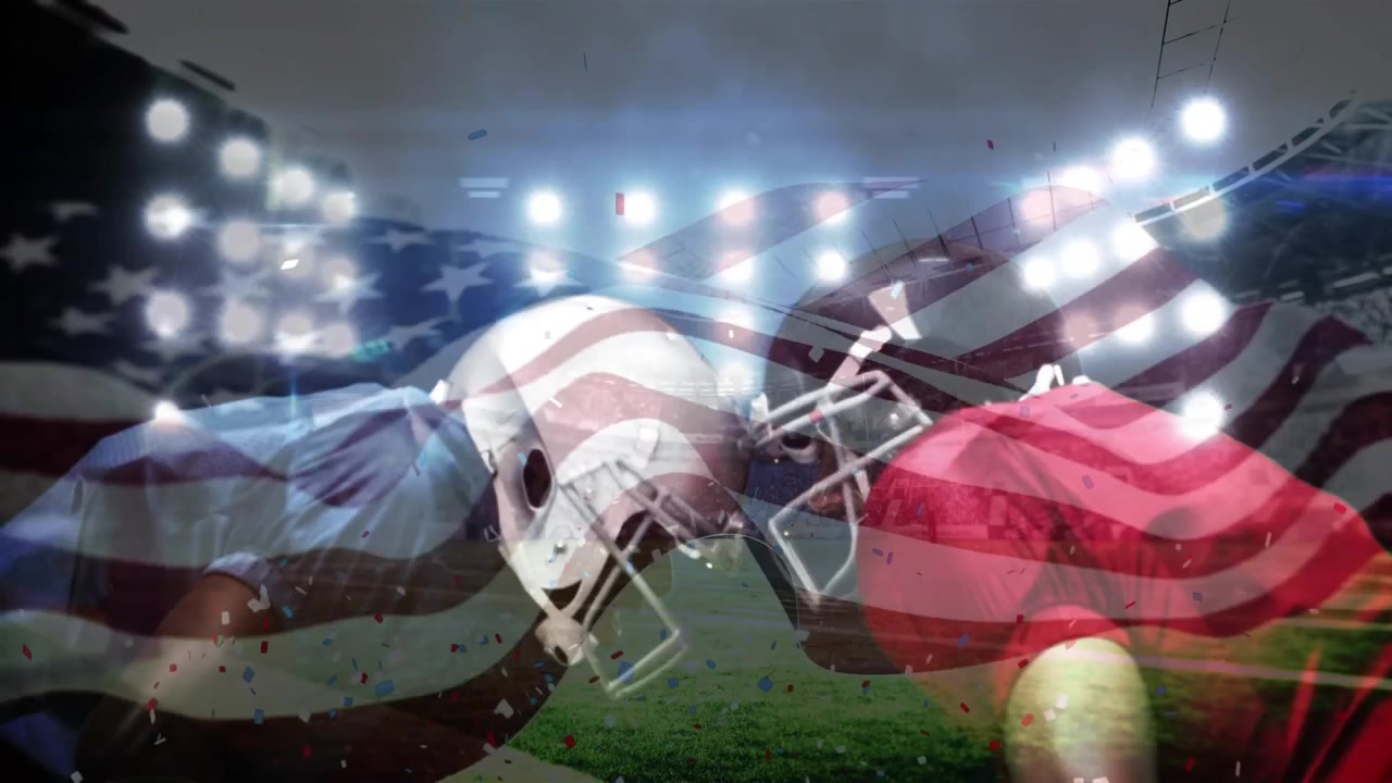 Animación de bandera de EE. UU. ondeando y confeti cayendo sobre jugadores de fútbol americano