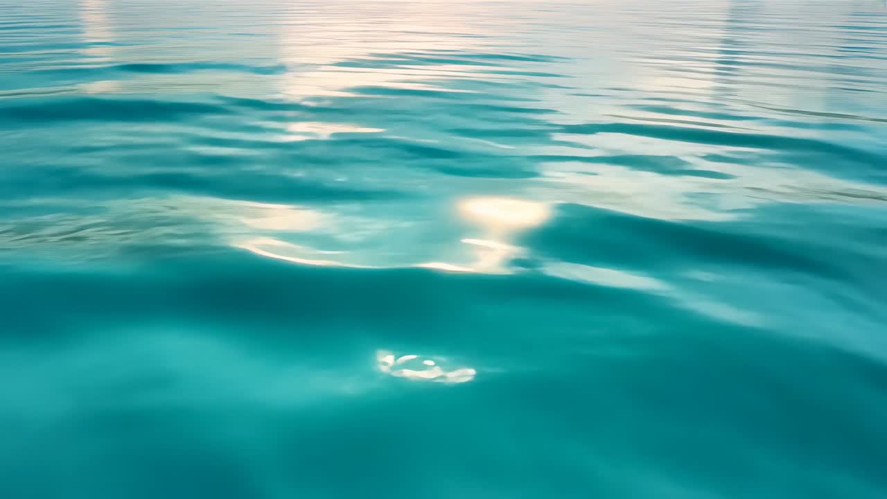 Sun hitting teal water surface at low angle forming glints while ripples moving left, faint lines