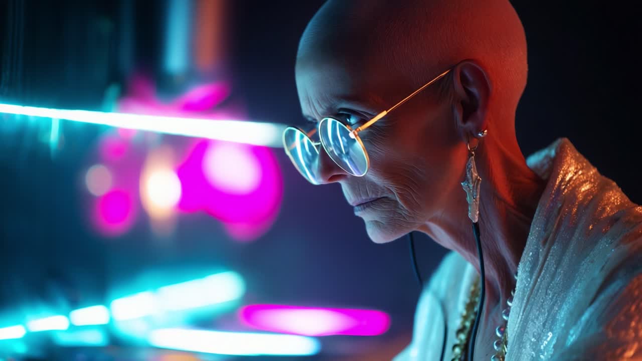 Een artistieke verkenning van tijd en geluid: een close-up van een zilvergrijze dj die opgaat in de beats, verlicht door levendige neonlichten en een reflecterende sfeer