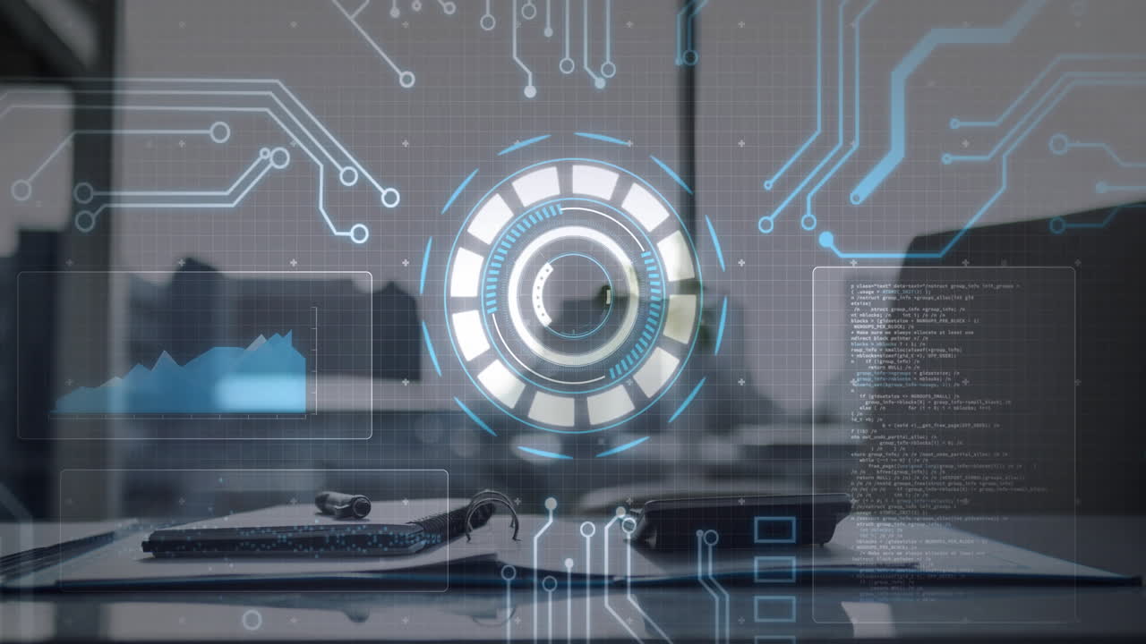 Animation of financial data processing with scope scanning over empty room in office