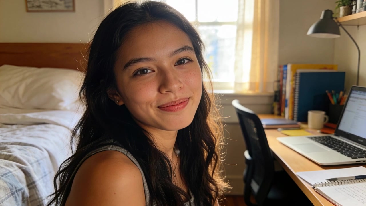 Studente asiatico sorridente che posa per la telecamera all'inizio della lezione in camera da letto con il laptop, indossando una canotta grigia.