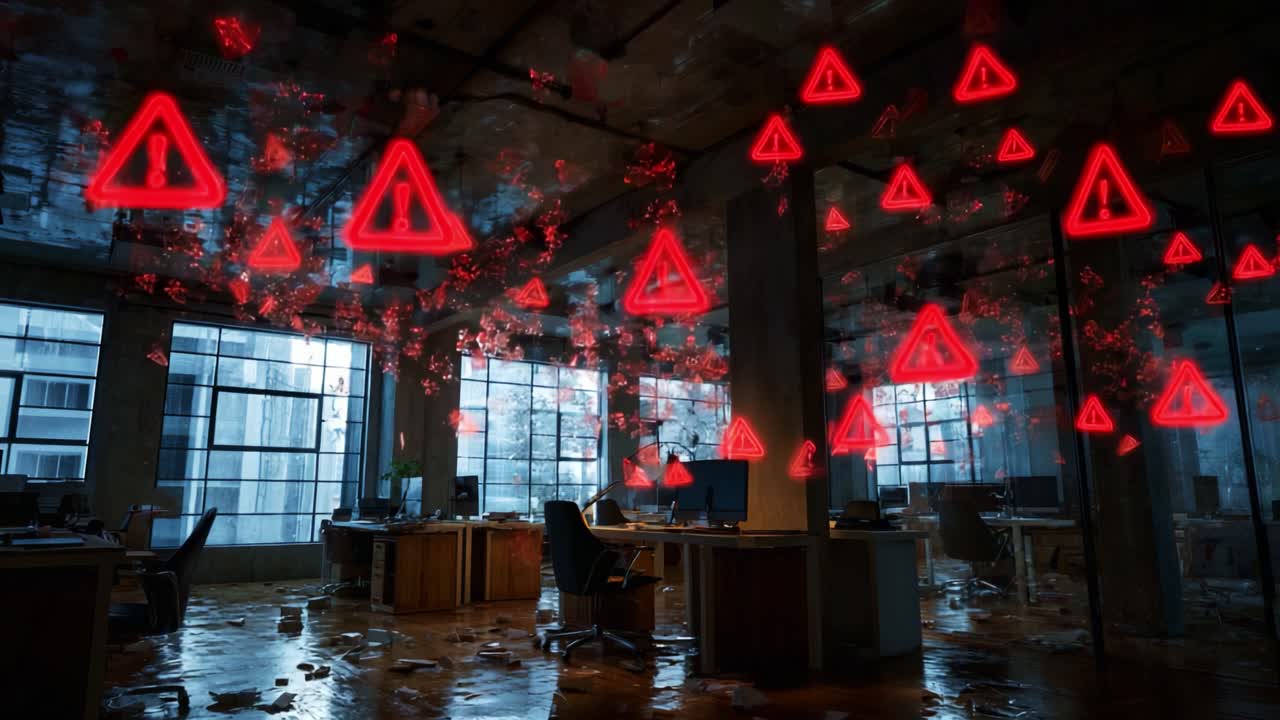An abandoned office space eerily illuminated by flickering red warning signs, depicting a dramatic scene filled with unease and chaos, surrounded by empty desks in a mysterious atmosphere