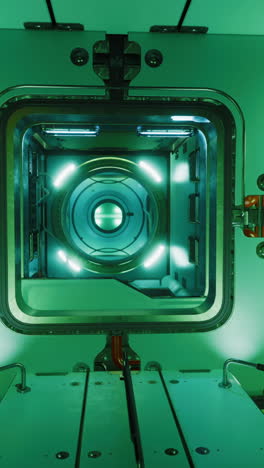 interior de una nave espacial de ciencia ficción con iluminación verde y una puerta