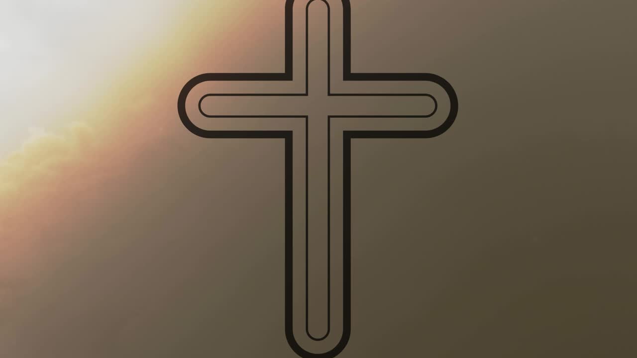 Low sun rising, cross staying center, clouds drifting, glows moving, light highlighting contours