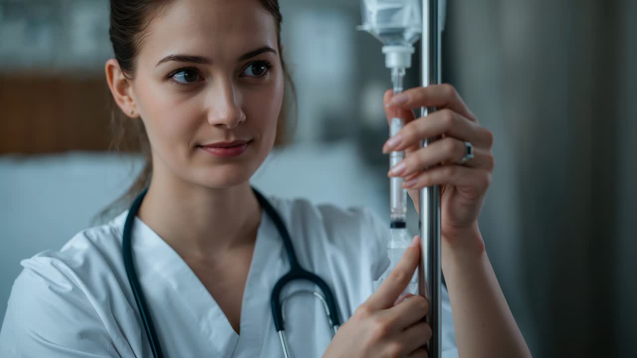 Clinico in camice bianco con stetoscopio che regola il morsetto della flebo nel reparto ospedaliero, notando una lenta perdita