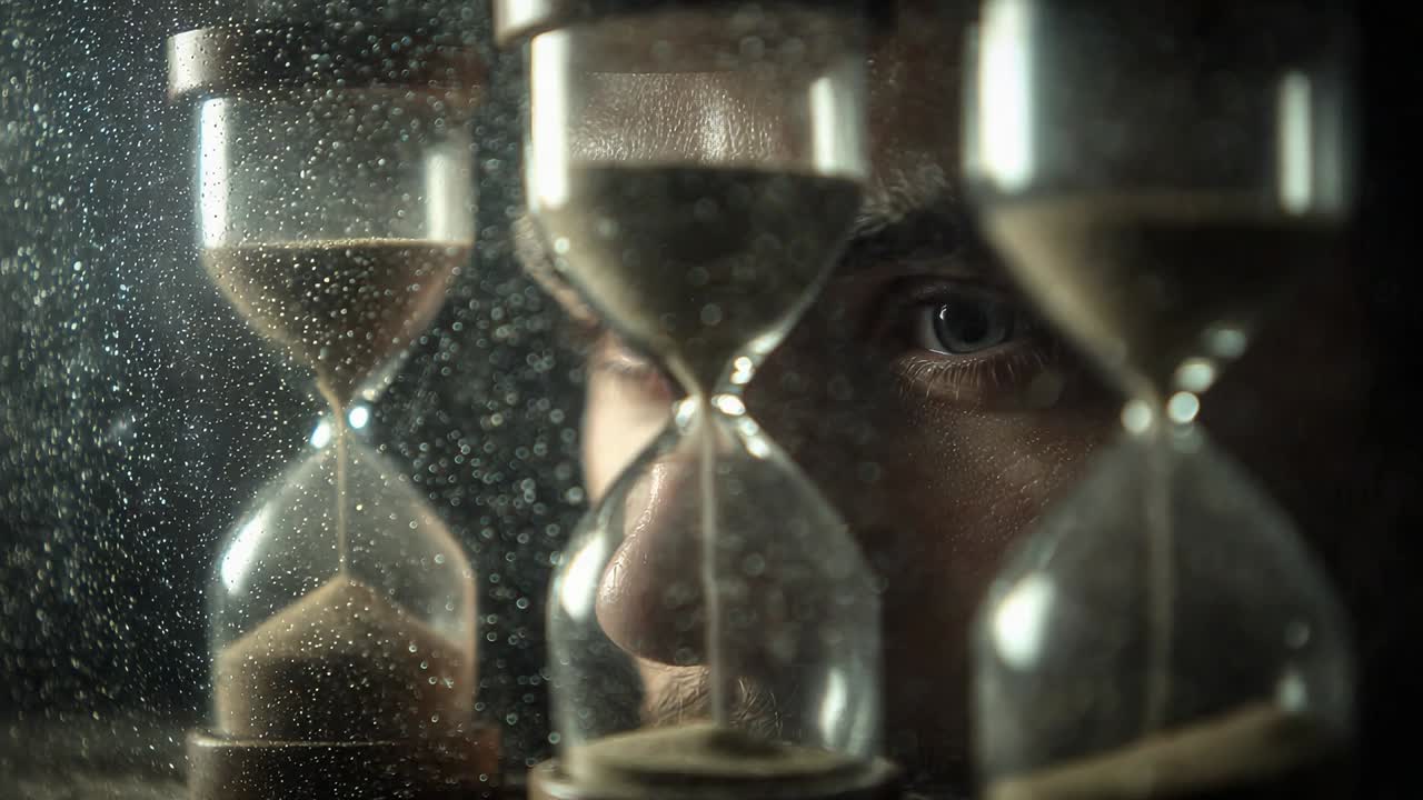Hombre observando un reloj de arena mientras la arena fluye en una habitación oscura