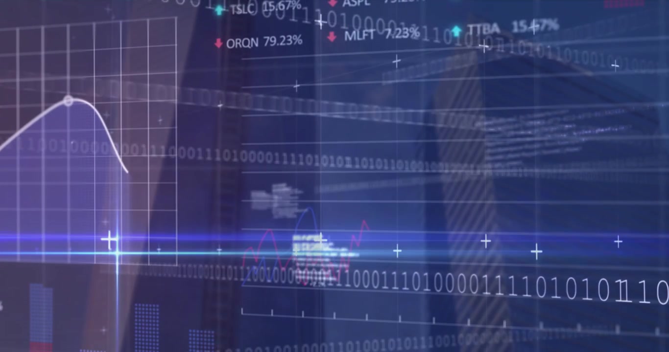 Digital Financial Data Overlay with Stock Market Graphs and Binary Code