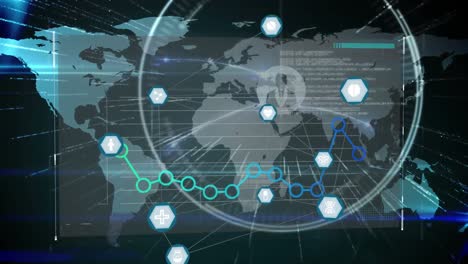 Animation-Von-Webverbindungen-Mit-Symbolen-Und-Kreisen,-Die-über-Der-Weltkarte-Auf-Schwarzem-Hintergrund-Schweben