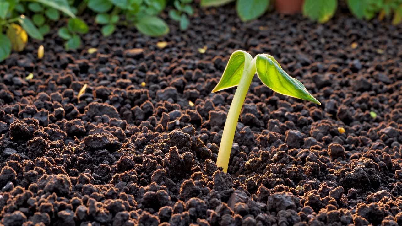 Inquadratura ravvicinata e dal basso di una pianta che germoglia in terreno fertile, bagnata da una calda luce solare.