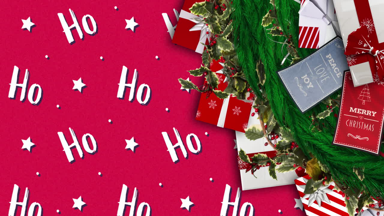 호 호 텍스트 위에 소나무 가지와 선물의 애니메이션