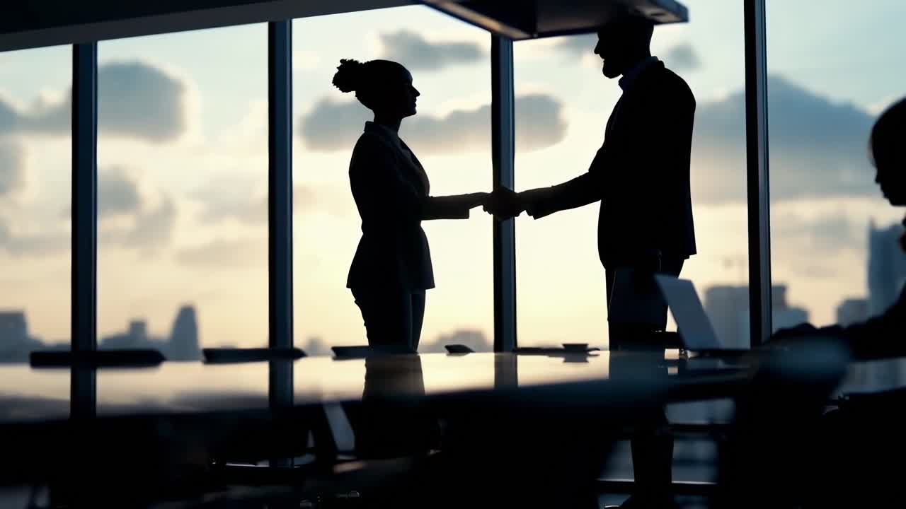 Stretta di mano in silhouette in ufficio, angolazione laterale