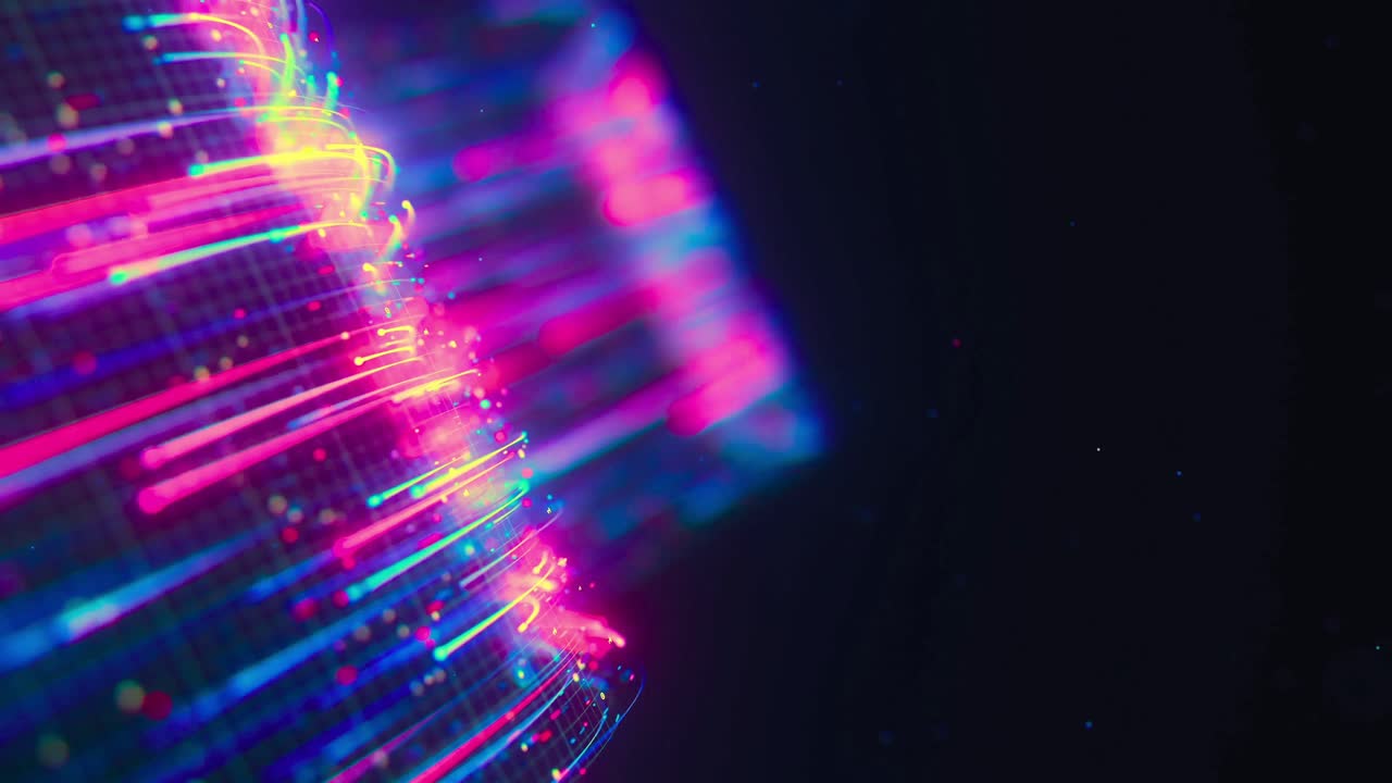 Vibrant Neon Light Trails and Particles Flowing Abstractly