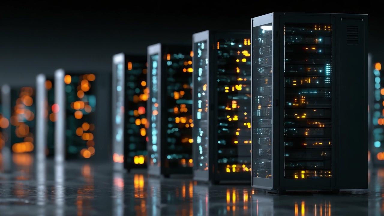 A Sleek Array of Server Racks Illuminated with Vibrant Lights Showcases Advanced Technology in a Modern Data Center Environment, Indicating High Performance and Connectivity.