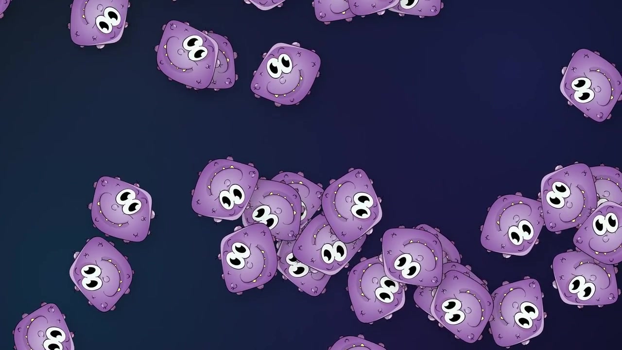 Animated purple cartoon microbes fall and bounce across a dark blue mesh background.