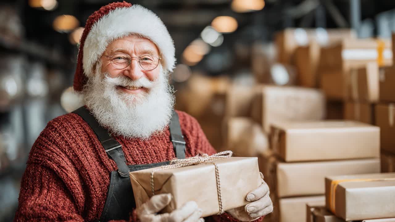 Joyful Holiday Spirit: A Cheerful Man in a Santa Hat Holding a Gift Box Surrounded by Wrapped Presents in a Cozy Workshop Filled with Warm Festive Atmosphere