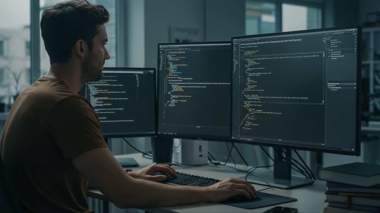 Focused Programmer Engaged in Complex Coding Tasks Across Multiple Monitors, Demonstrating Modern Software Development Techniques and Problem-Solving Skills