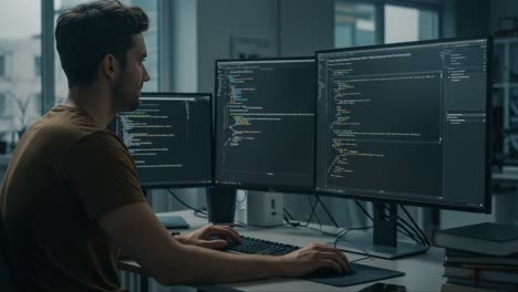 focused programmer engaged in complex coding tasks across multiple monitors, demonstrating modern software development techniques and problem-solving skills