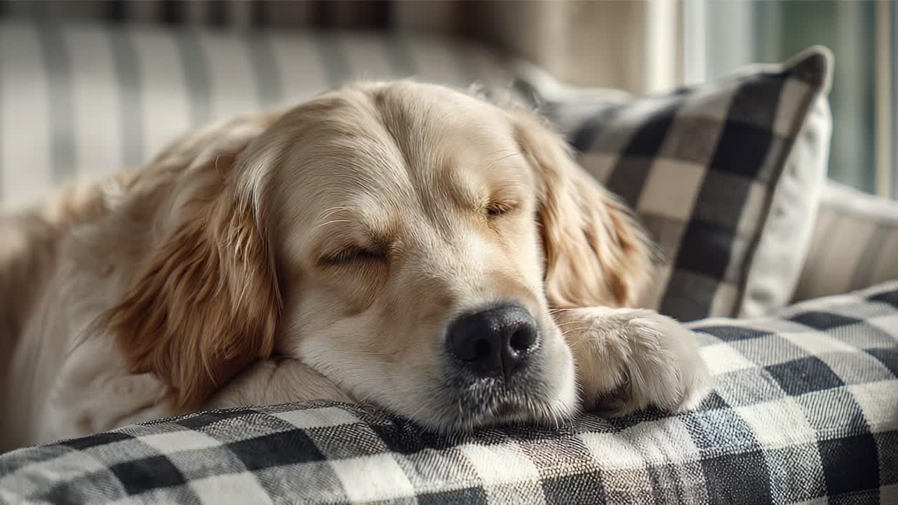 A Golden Retriever's Journey from Serene Slumber to Heartfelt Gaze: Capturing the Loving Expression and Relaxed Vibe of a Beloved Companion in its Cozy Space