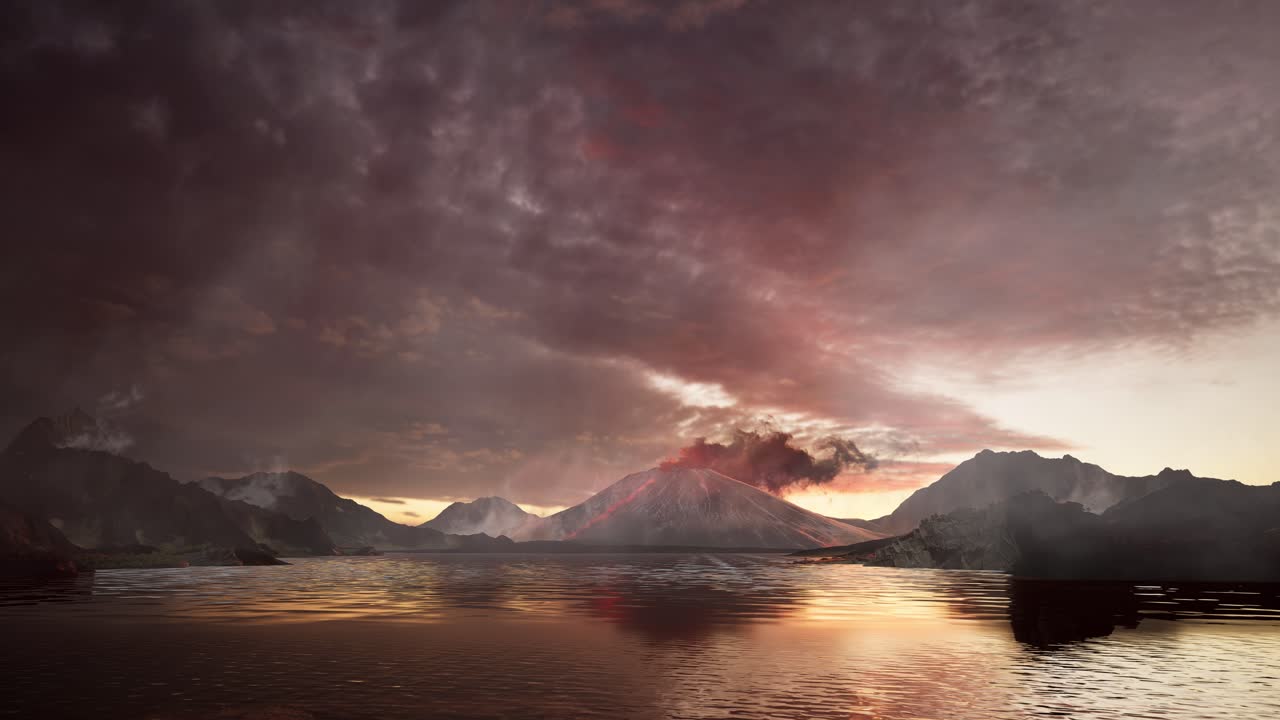 Beautiful Landscapes Of Smoke From The Volcano With Ocean, Sunset