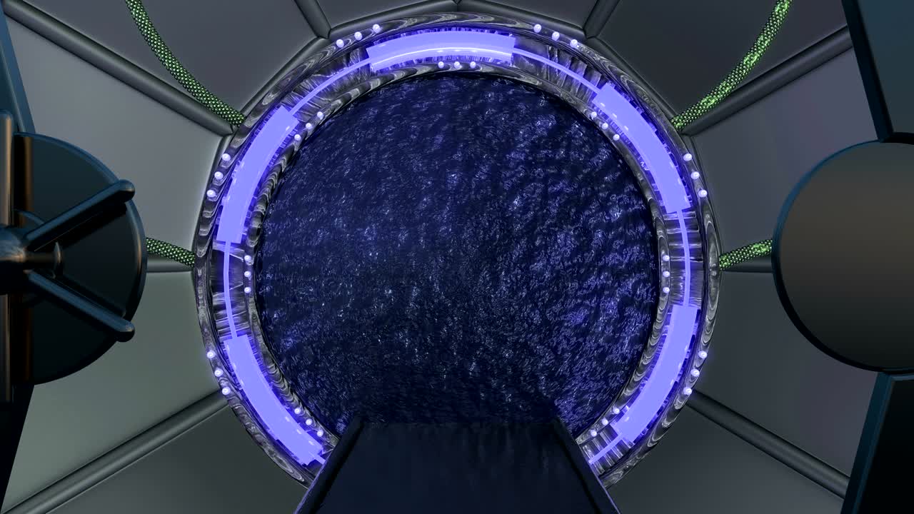 la escotilla de hierro abre una vista panorámica a la escena del paisaje de la nave espacial. fondo abstracto 3d de corredor de ciencia ficción con portal. tecnología futurista abstracto vj para títulos tecnológicos y fondo.