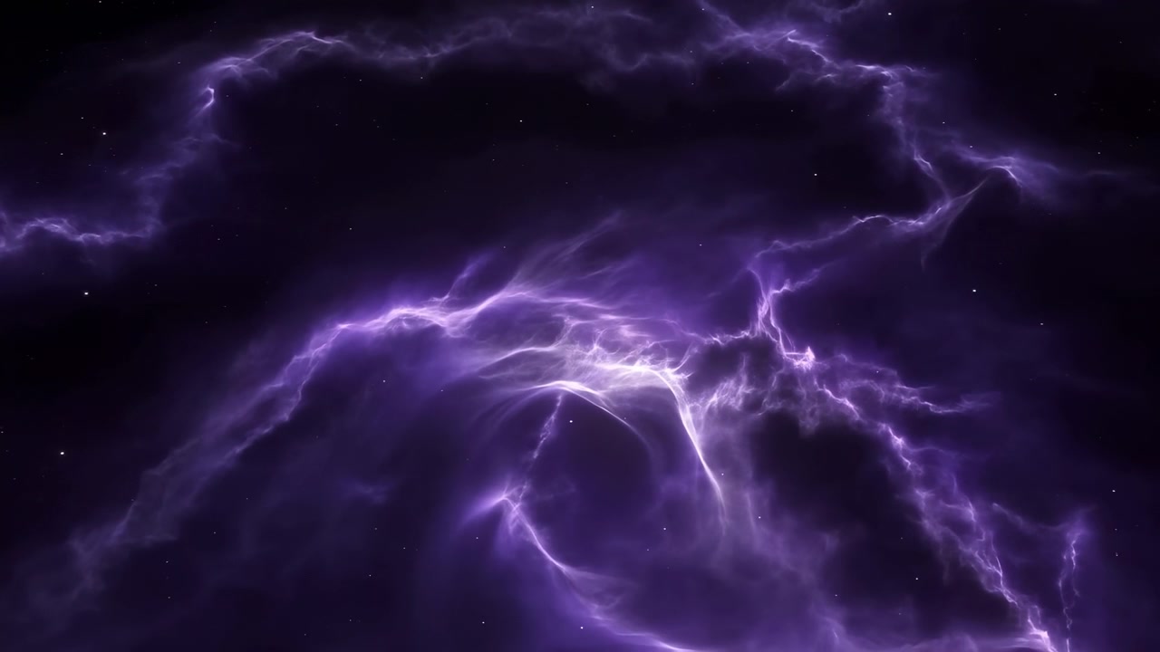 Nuvole viola incandescenti e luce eterea simile a plasma si diffondono su uno sfondo spaziale scuro e stellato, con una formazione vorticosa più luminosa vicino al centro inferiore.