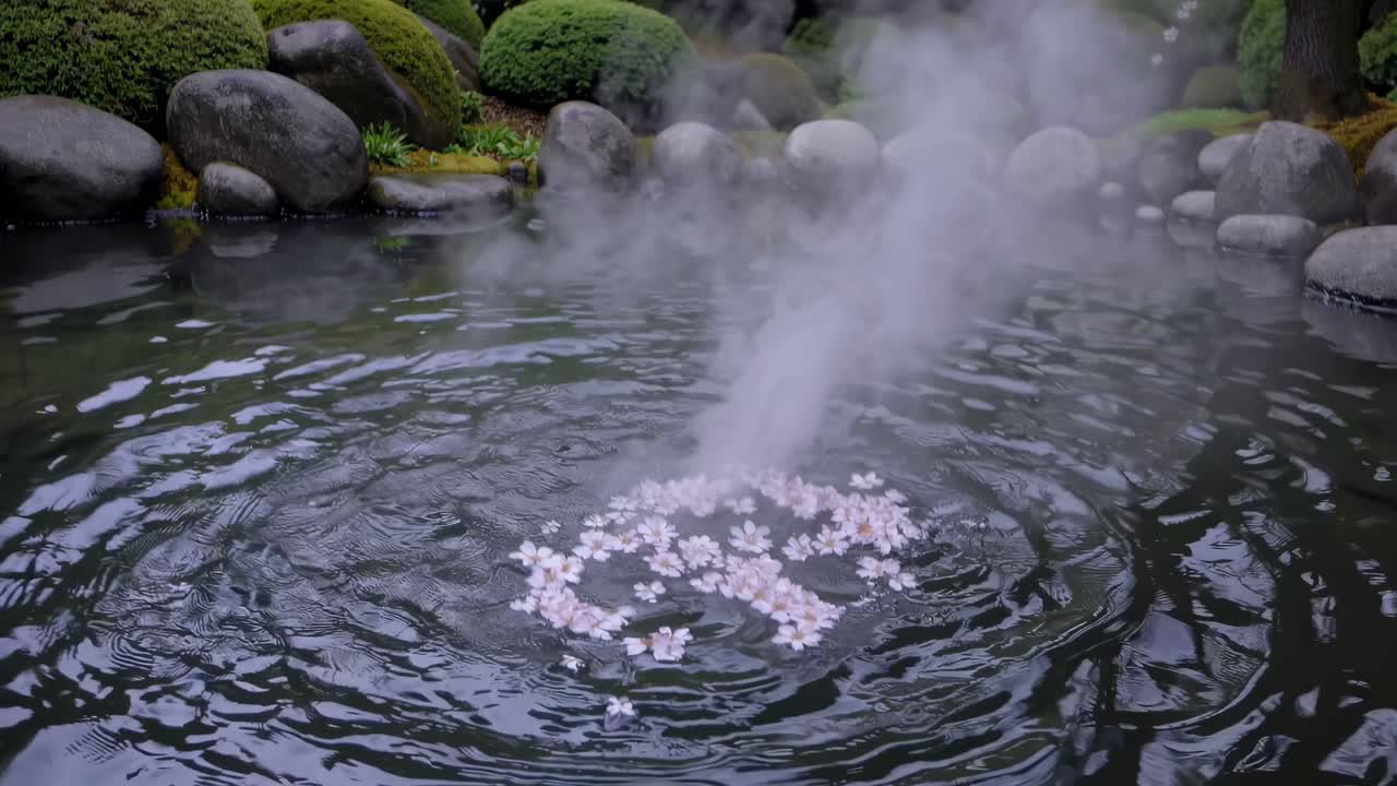 Scena serena di un giardino con ciliegi in fiore e cespugli ben curati, ripresa da un'angolazione bassa