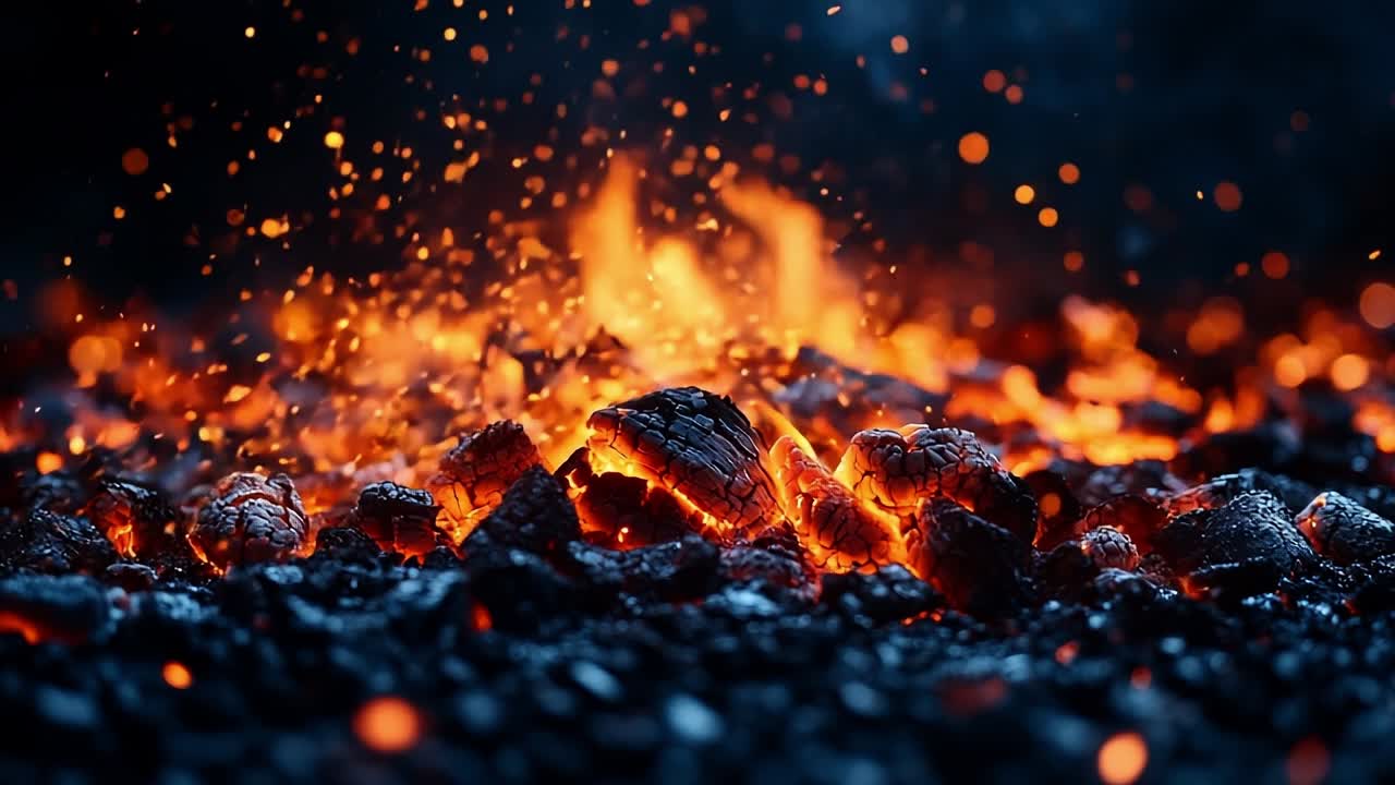 Glowing embers create a fiery landscape. Red-hot embers glow amidst dark stones, illuminating a fiery landscape during the night.