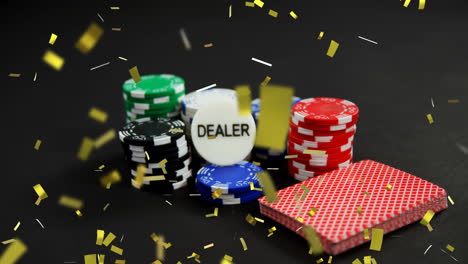 animation of confetti and american dollar bills falling over gambling chips and playing cards