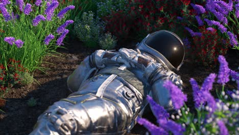 astronaut relaxing in a flower garden